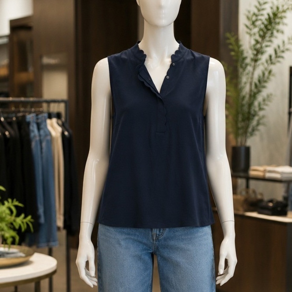 H&M Womens Blouse Navy Blue Scalloped Neck Sleeveless Workwear 0